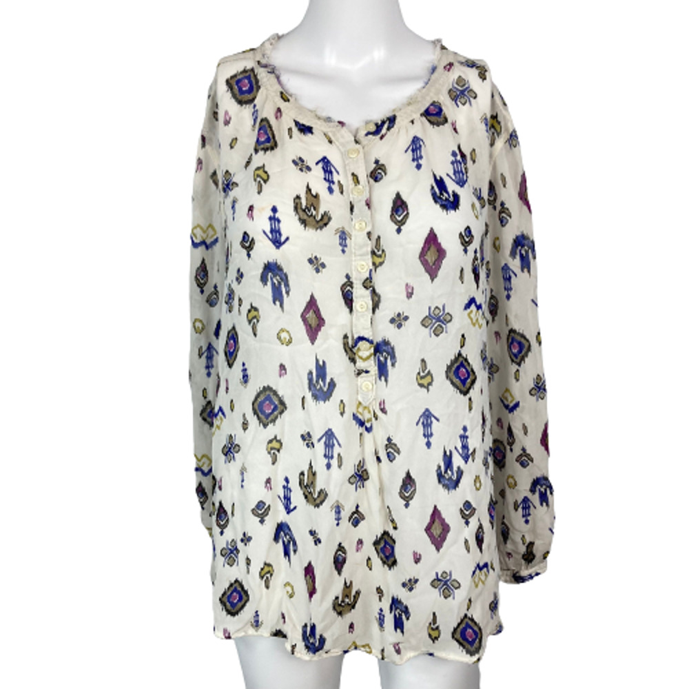 Lucky Brand Shirt Womens Sz XL Boho Aztec Printed Ivory Popover Blouse Top Flowy